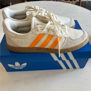 adidas White Sneakers with Orange Stripes and Gum Sole